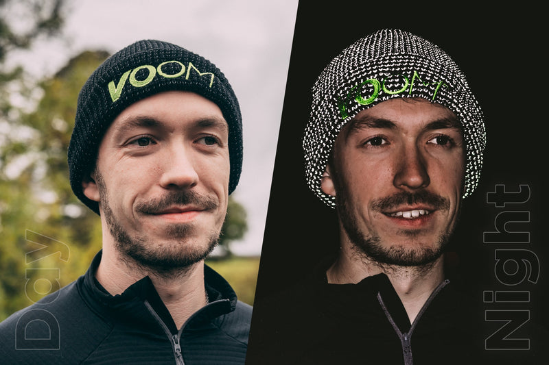 Split image of male runner wearing a warm reflective winter beanie